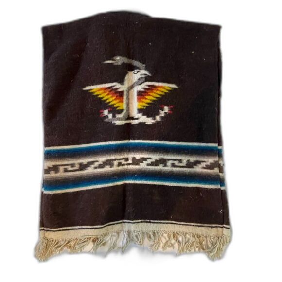 Vintage Native American Chimayo Wool Shawl Poncho Vest Southwestern Thunderbird - Picture 3 of 11